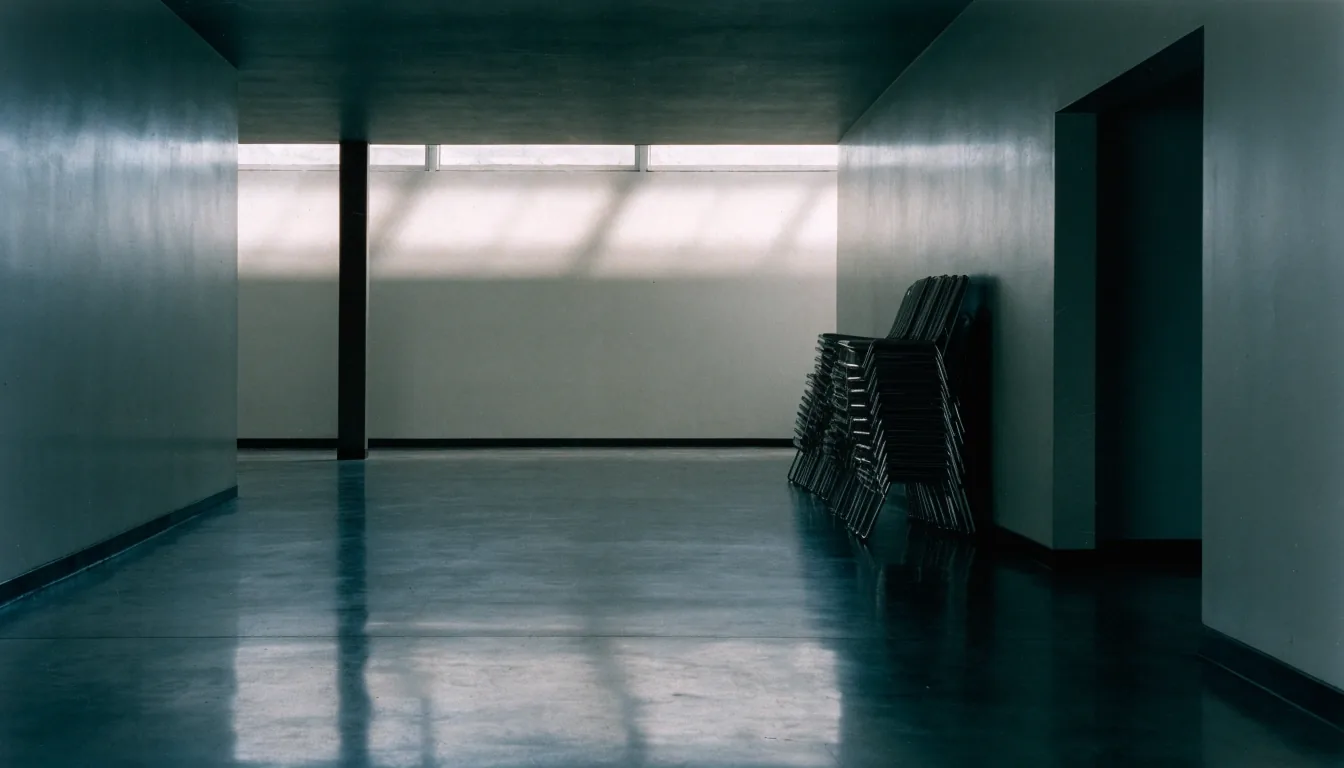 Empty office hall in cold daylight with a paper-flat wall