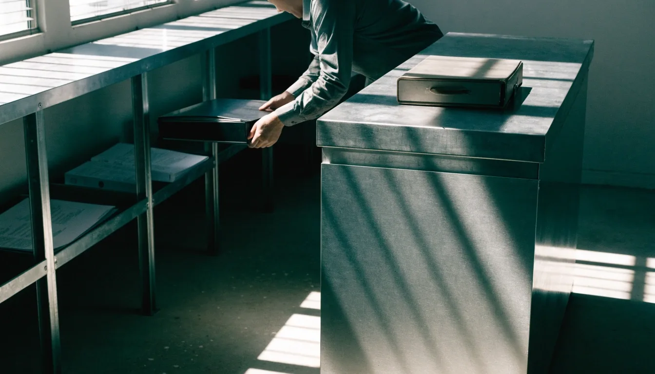 Binder shelving and a plain register counter in a documentation room under cool daylight