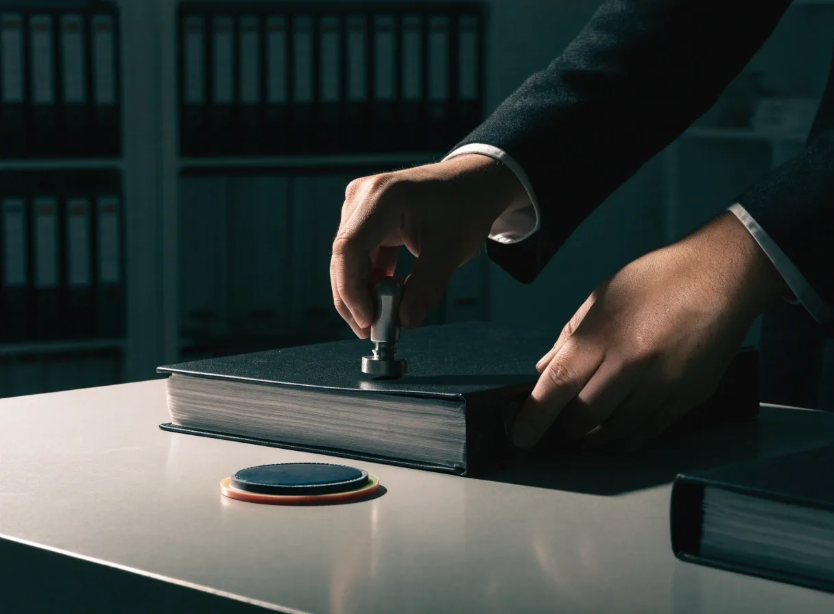 Hands reviewing a loose-leaf policy page with a plain date stamp on a matte desk