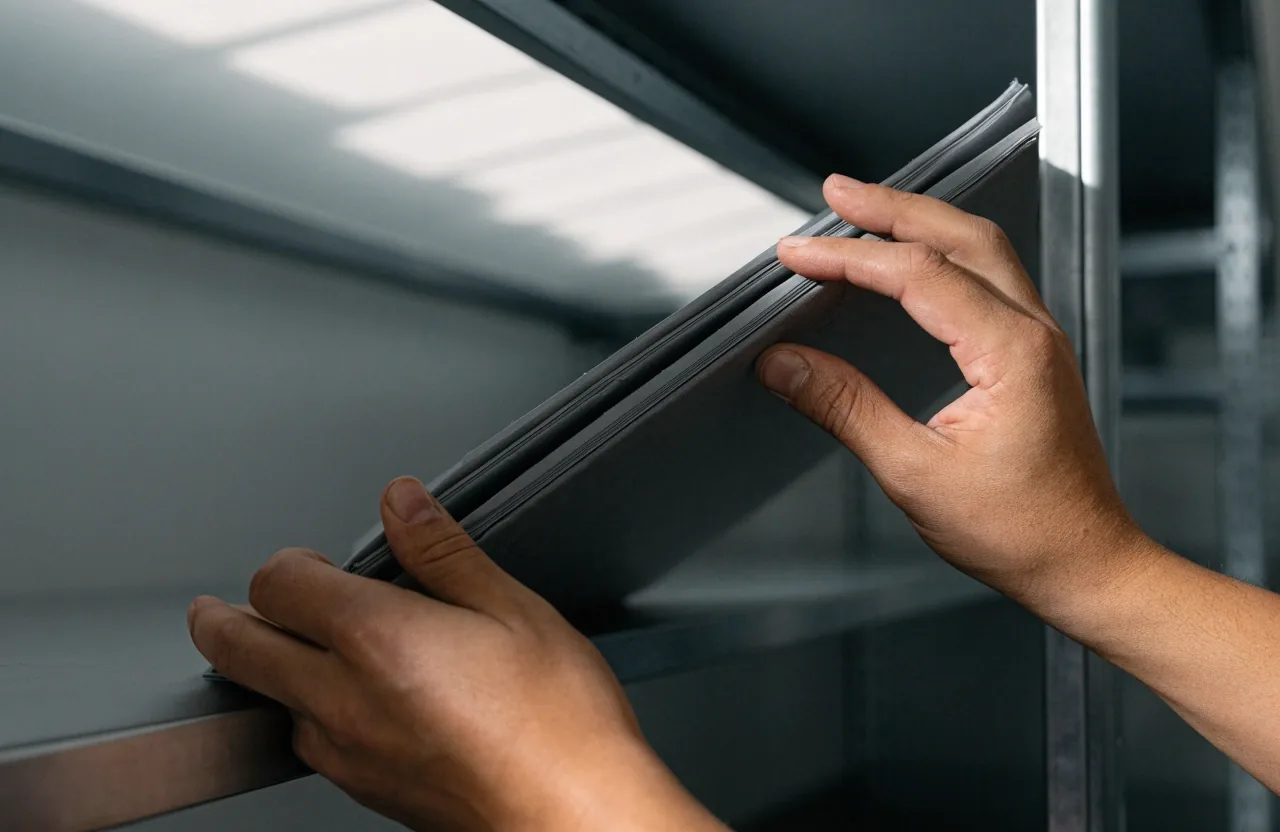Unbranded policy binders fanned open on a matte steel worktable under cool daylight