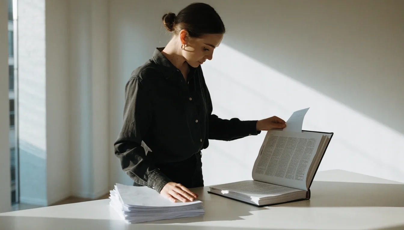 An open binder and loose sheets on a matte table under cool daylight, with a hand adjusting the top page