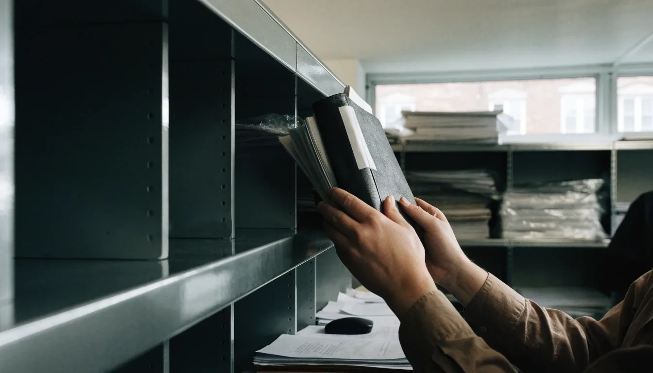 A stack of blank uncoated paper resting on a matte steel table under cool daylight