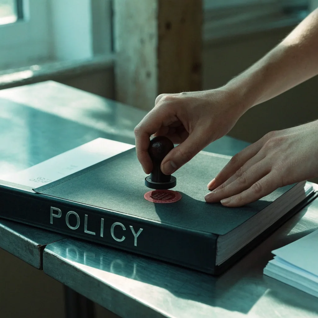 An open policy binder and a stack of blank paper on a matte steel table under cool daylight