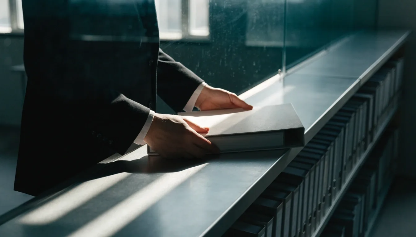 Hands sorting uncoated paper sheets beside a closed binder on a matte steel table under cool daylight