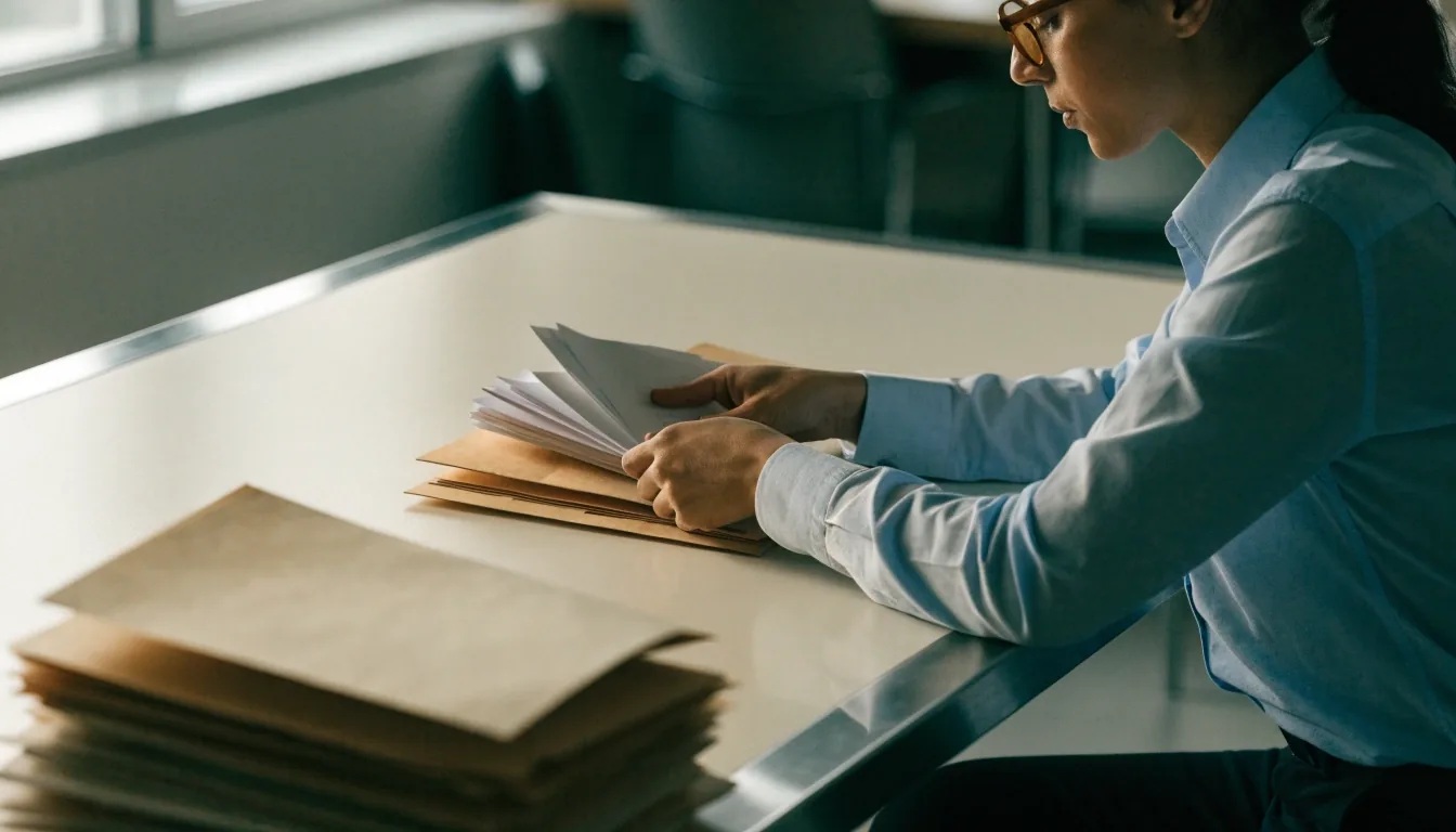 Plain folders stacked on a document table under cool daylight
