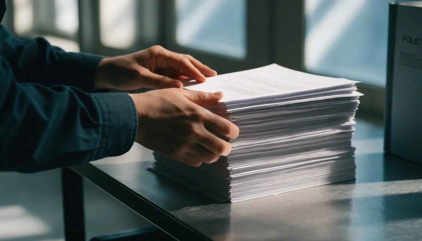 Hands sorting a stack of plain uncoated paper documents on a matte table under cool daylight