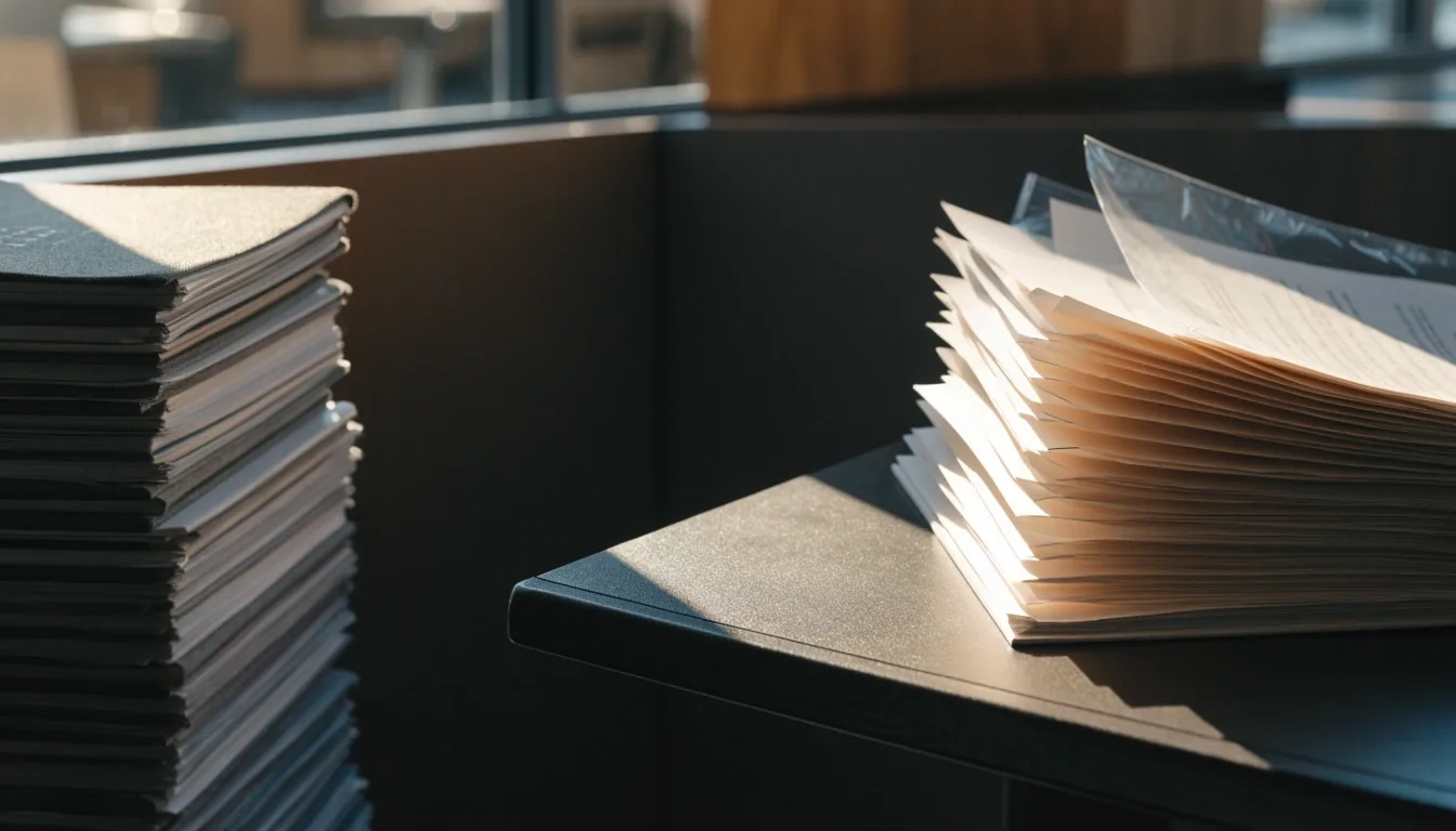 Closed binders and a blank review log on a cool-lit governance worktable